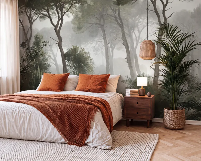 Forest in fog wallpaper with tall pine trees, grey mist, shrubs and a spiky palm in watercolour.