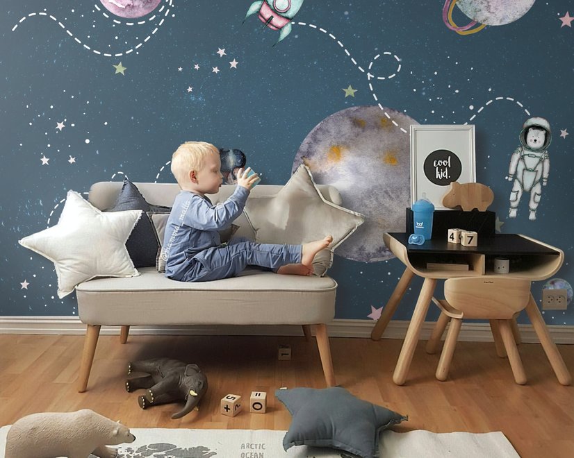 Kinderleuchtender Weltraum mit Aquarell-Bären-Astronauten-Fototapete