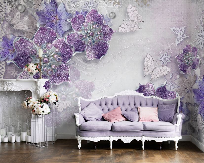 Lila Ornament Floral mit kleinem Schmetterling Fototapete