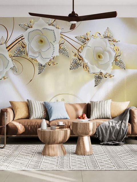 Papier peint panoramique floral bijoux avec tissu soieb