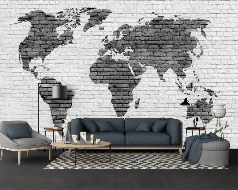 Black White Brick World Maps Wallpaper Mural