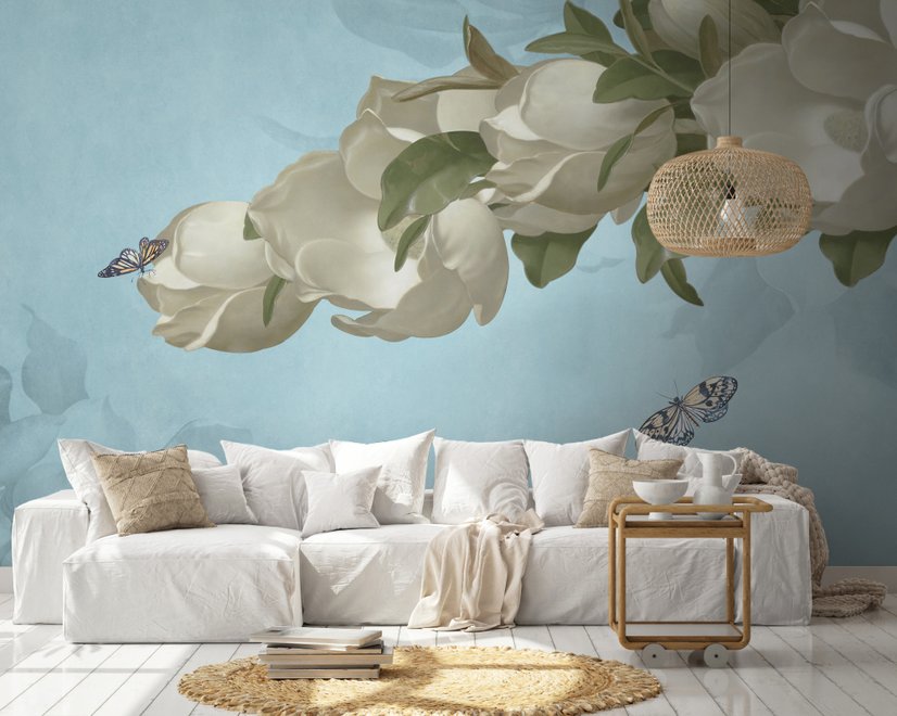 Papier peint panoramique floral et papillon Gardenia