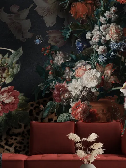 Papier peint panoramique hollandais foncé Bouquet floral avec oiseaux