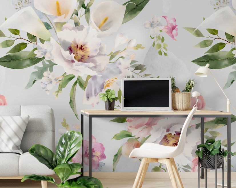 Watercolor White Pink Floral Bouquet Wallpaper Mural