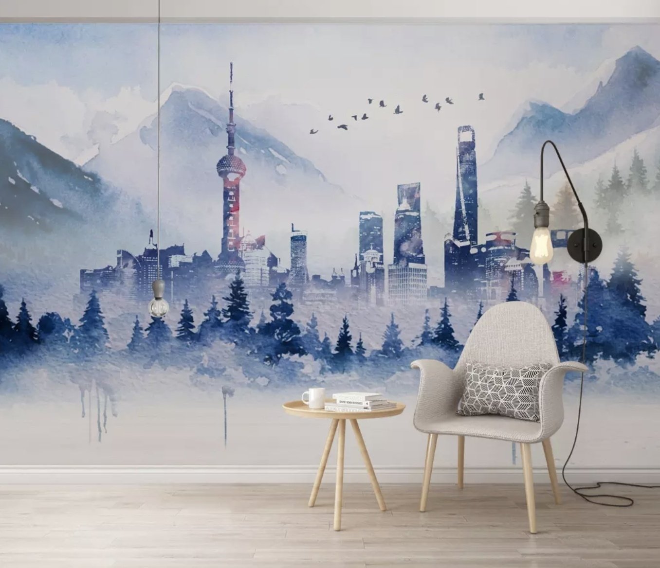 Watercolor Skyscraper Landscape Wallpaper Mural - Peel and Stick