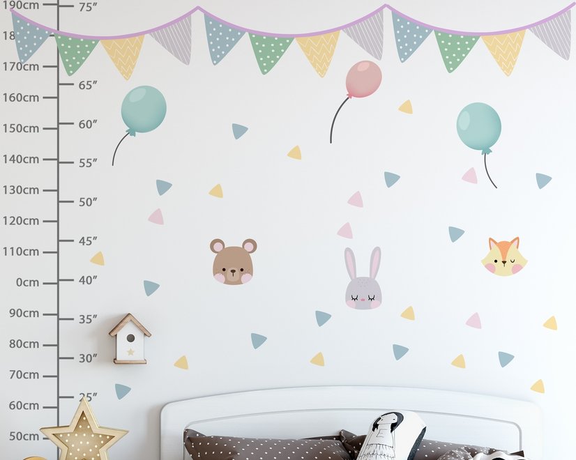 Stickers muraux animaux guirlandes drapeaux triangles chambre bébé
