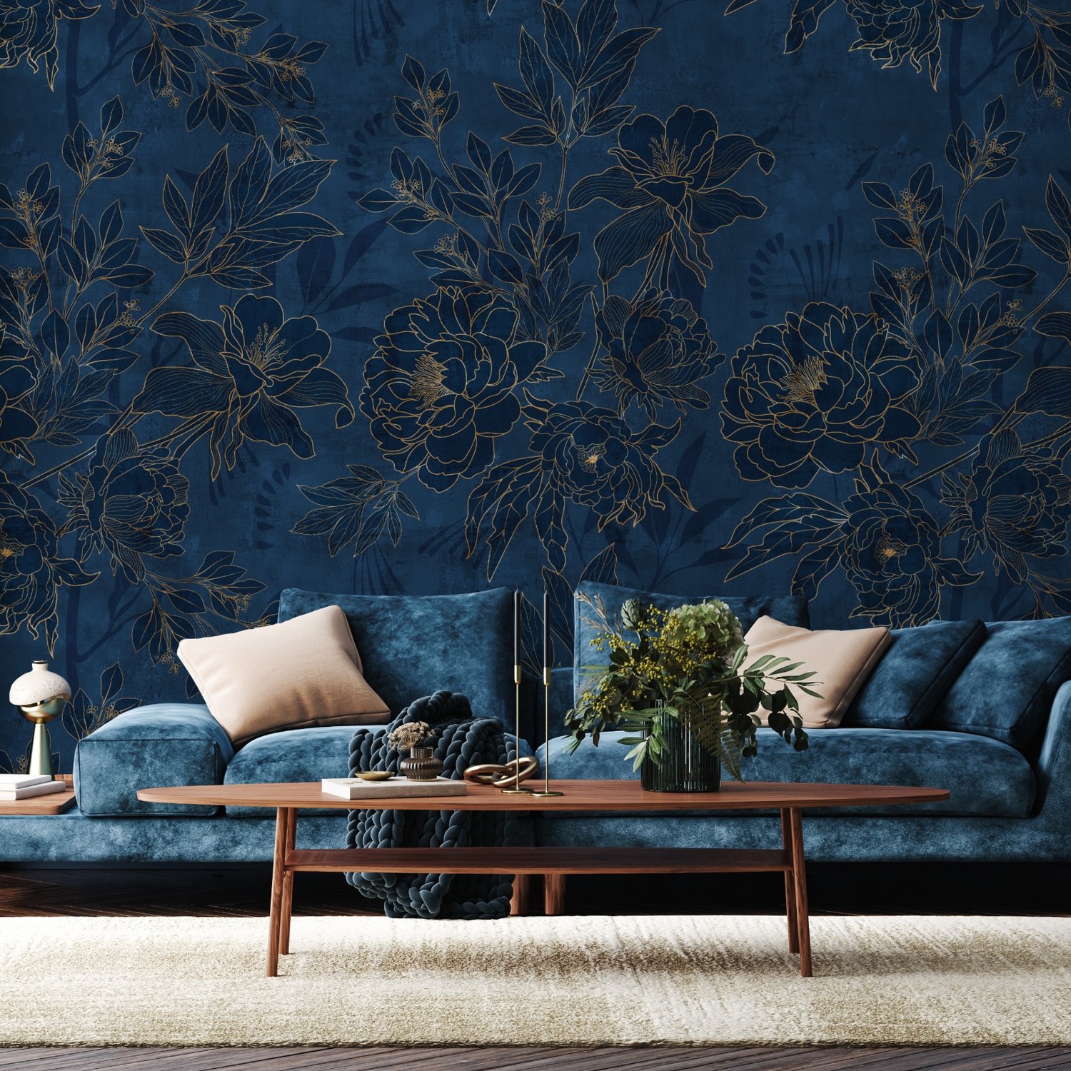 Dark Navy Peony Floral Drawing Art Wallpaper Mural - Peel and Stick