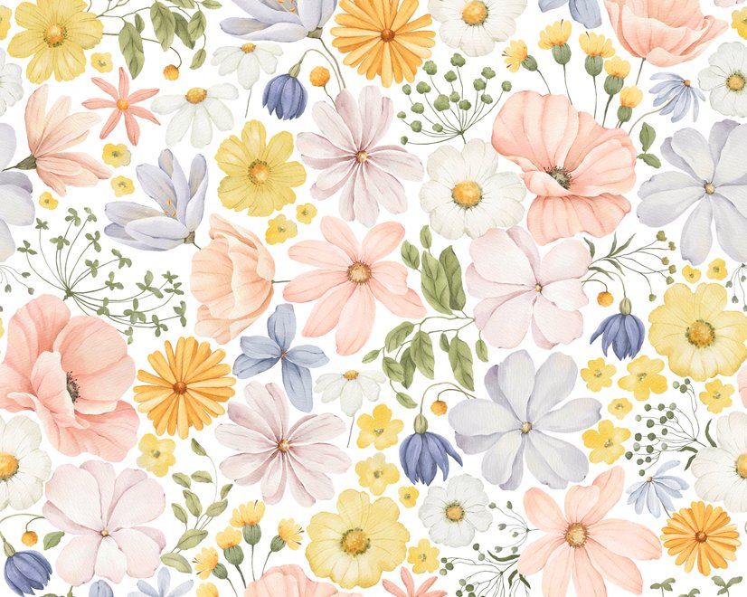 Spring floral wallpaper with pastel watercolour flowers and sage leaves on a clean white ground