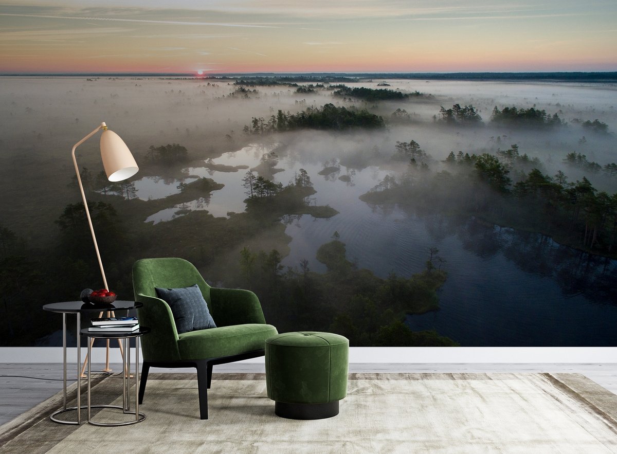 Foggy Rive Forest Landscape Wallpaper Mural - Peel and Stick