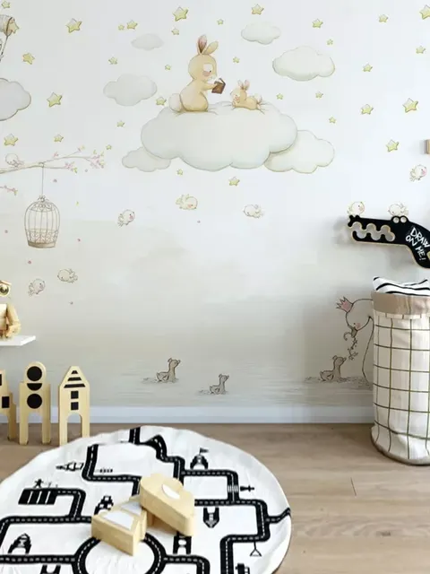 Rabbits on the Clouds and Empty Cages Wallpaper Mural