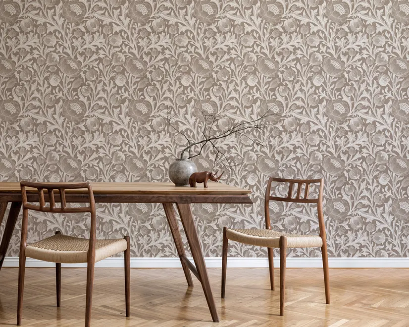 Greige botanical wallpaper with white watercolour flowers, buds, seed heads and acanthus leaves
