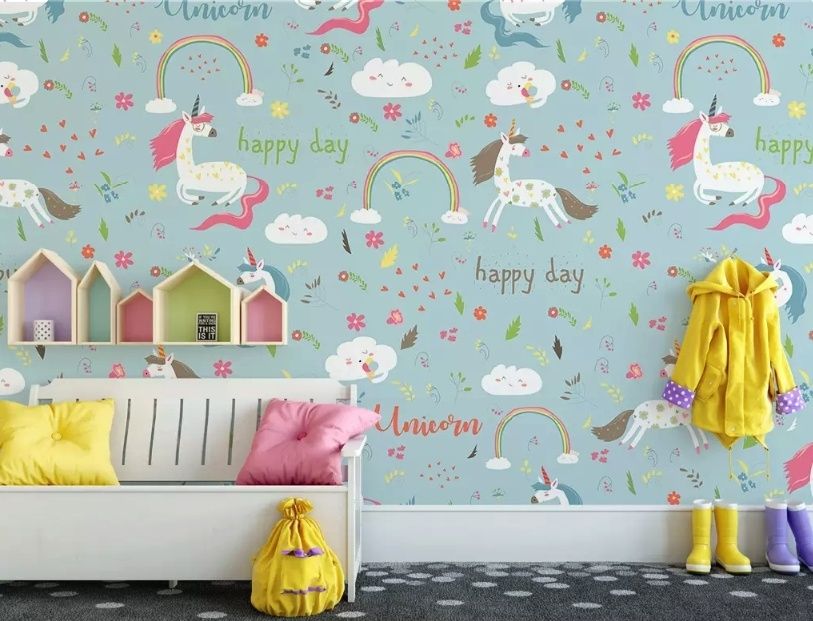 Papier peint panoramique des licornes colorées de dessins animés