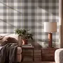 Beige, oat and cream-white plaid wallpaper with fine navy-blue stripes and printed linen texture