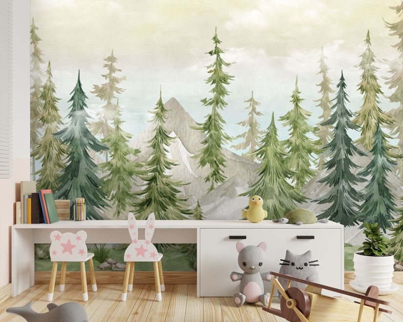 Watercolor Pine Tree Kids Nursery Forest Wallpaper Mural