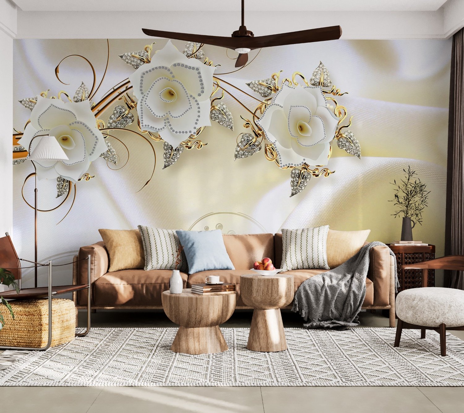 Jewelry Floral with Faux Silk Fabric Wallpaper Mural - Peel and Stick