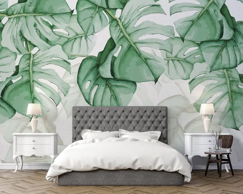 Light Green Tropical Leaves Wallpaper Mural