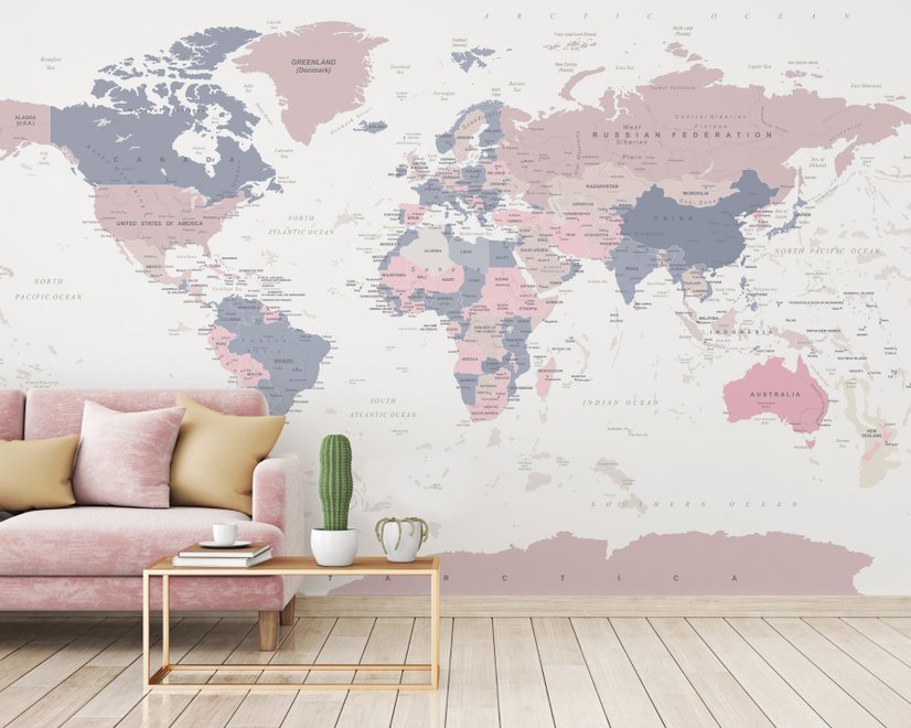 Pink and Purple Political World Map Wallpaper Mural