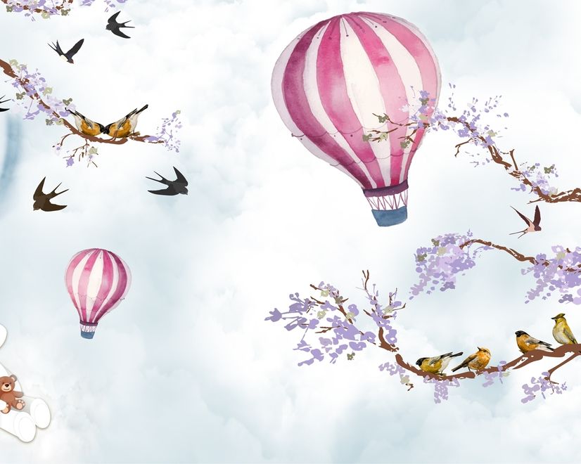 Kids Hot Air Balloon with Purple Blossom Wallpaper Mural