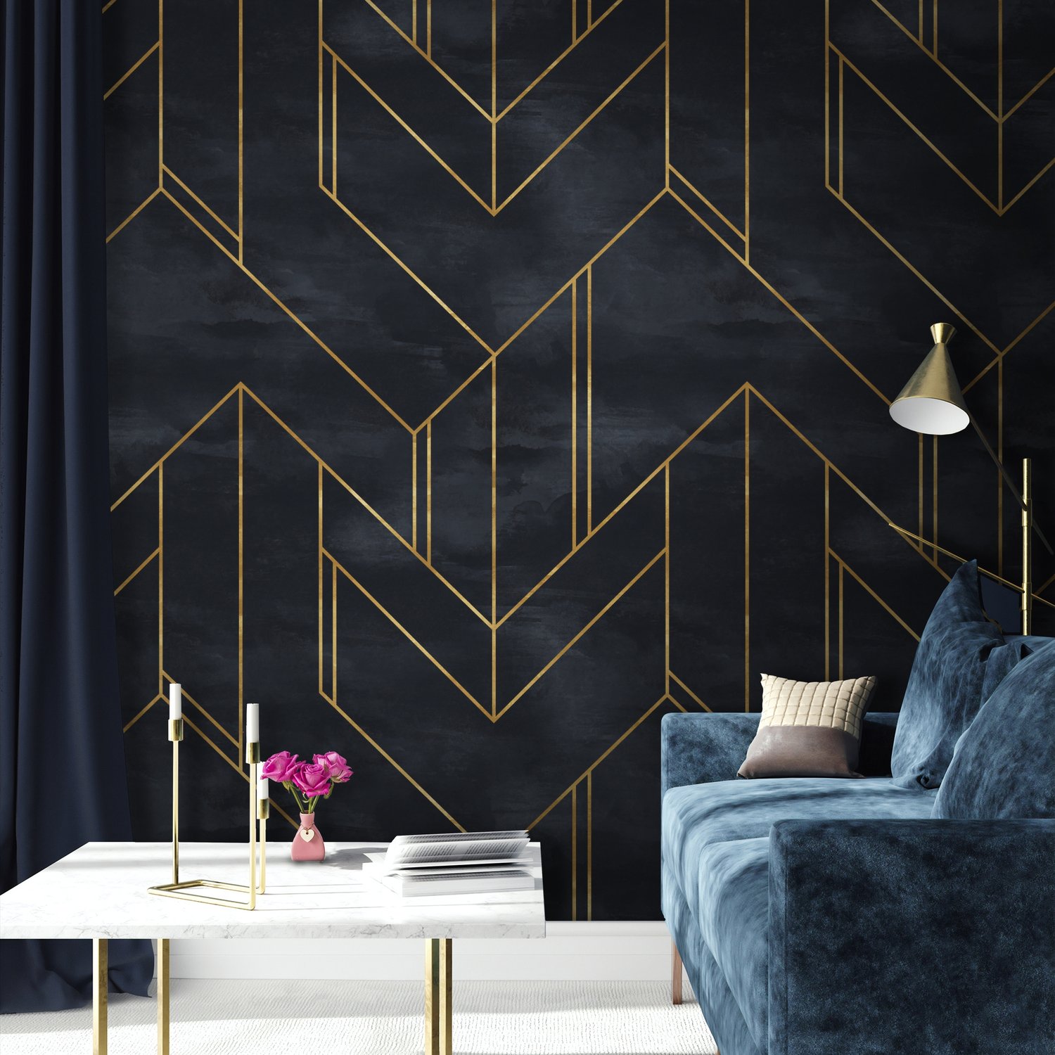 Art Deco with Gold Faux Lines Geometric Art Deco Wallpaper Mural - Peel and Stick