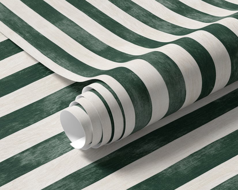 Green striped minimalist wallpaper with vertical deep forest green bands on a soft warm ivory ground.
