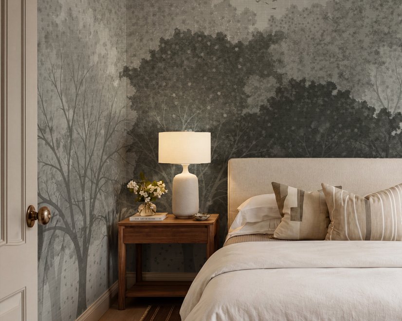 Light gray wallpaper mural with layered ink-wash woodland trees, falling leaves and birds