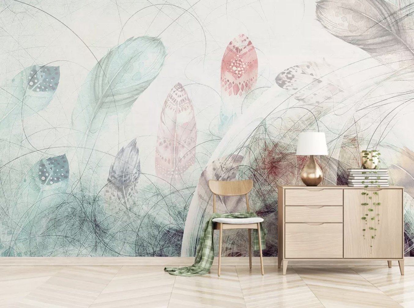 Soft Feathers with Abstract Lines Wallpaper Mural - Peel and Stick