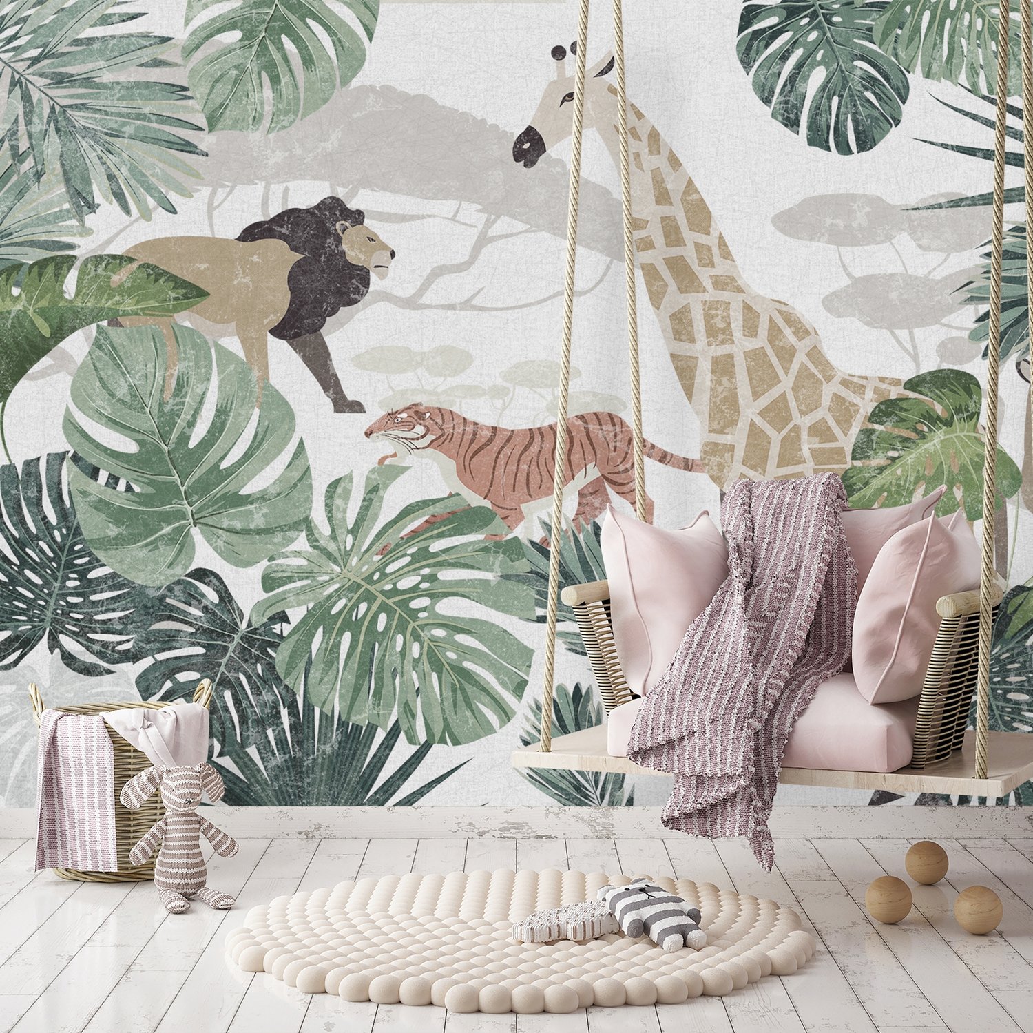 Retro Wild Animals with Tropical Leaves Wallpaper Mural - Peel and Stick