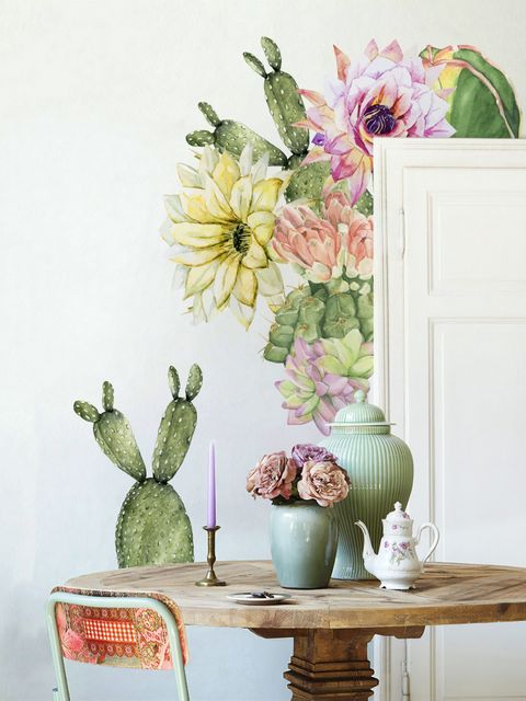 Watercolor Pink Yellow Cactus Florals Wall Decal Sticker