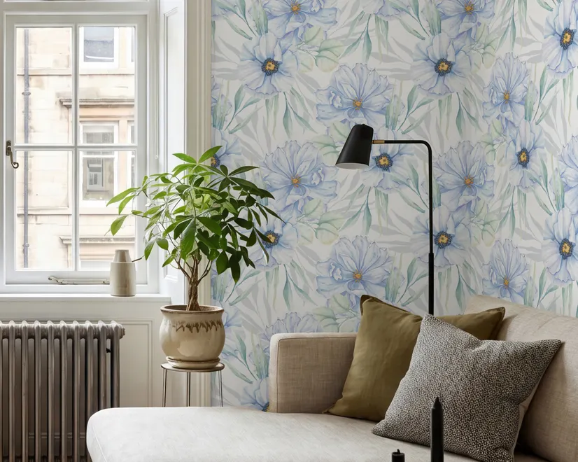 Blue floral wallpaper with watercolour anemone blooms, mint sage leaves and yellow ochre centres on white