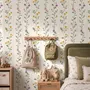 Cute floral wallpaper with green vine trails and pink, purple and yellow watercolor flowers on cream