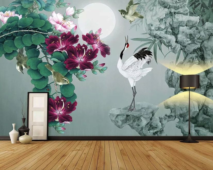 White Stork and Purple Flowers Wallpaper Mural