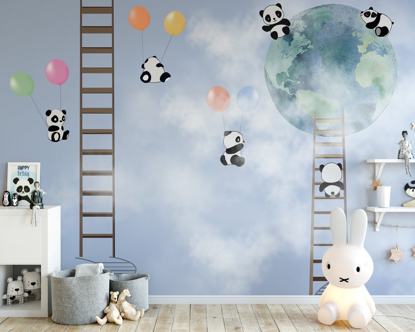 Cartoon Pandas in the Sky Wallpaper Mural