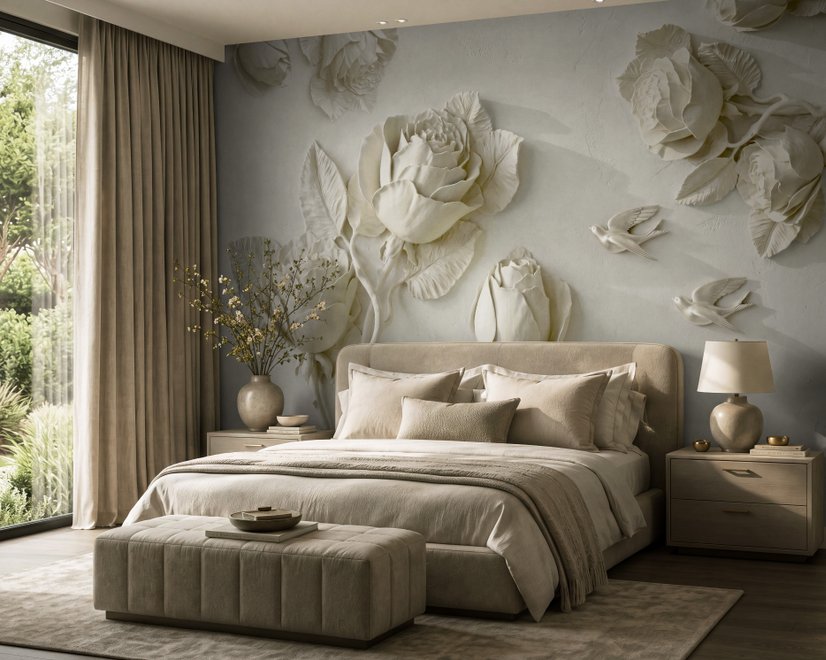 3D Embossed Look Rose Sculpture Wallpaper Mural