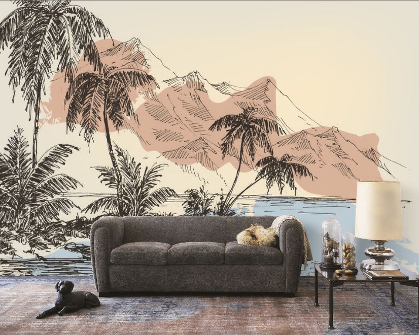 Vintage Charcoal Tropical Palm Tree and Summer Beach Wallpaper Mural