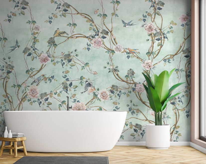 Watercolor Chinoiserie Floral Peony Blossom Wallpaper Mural