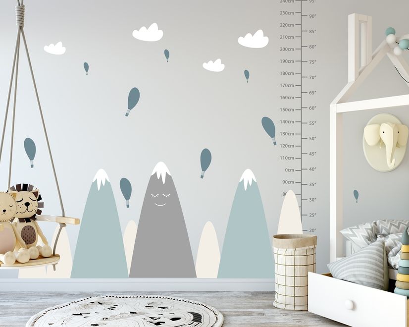 Nursery Soft Blue Gray Mountain Landscape and Little Hot Air Balloons Wall Decal Sticker