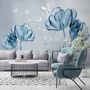 Blaue Transparente Blumen und Weiße Schmetterlinge Fototapete