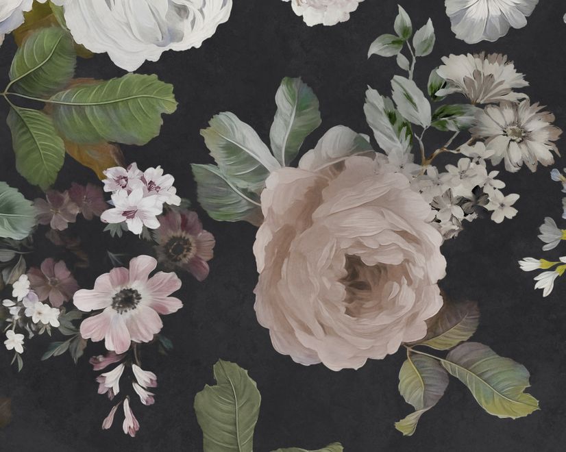 Dark Floral and White Peony Blossoms Wallpaper Mural