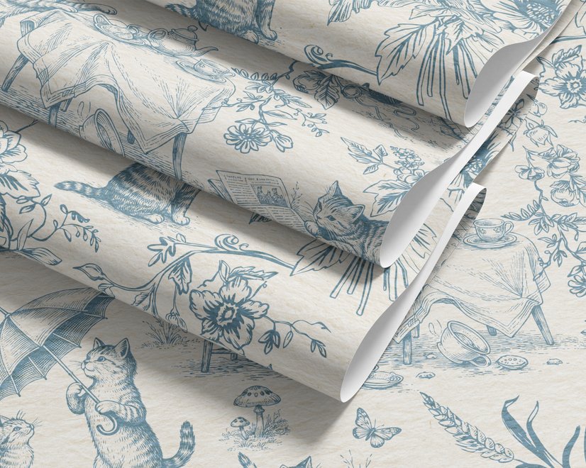 Cute cats wallpaper with dusty blue toile kittens, roses and garden scenes on warm cream