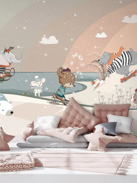 Kinderzimmer Schneelandschaft mit niedlichen Cartoon-Tieren Fototapete