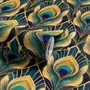 Art Deco feathers wallpaper with turquoise peacock eyes, gold plumes and navy teal ground
