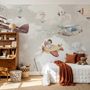 Papier peint panoramique de la chambre d'enfant Animaux de dessins animés volant avec un avion
