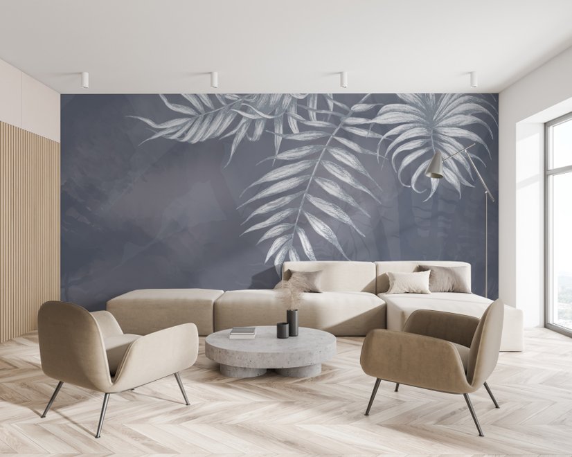 White Tropical Leafy Wallpaper Mural