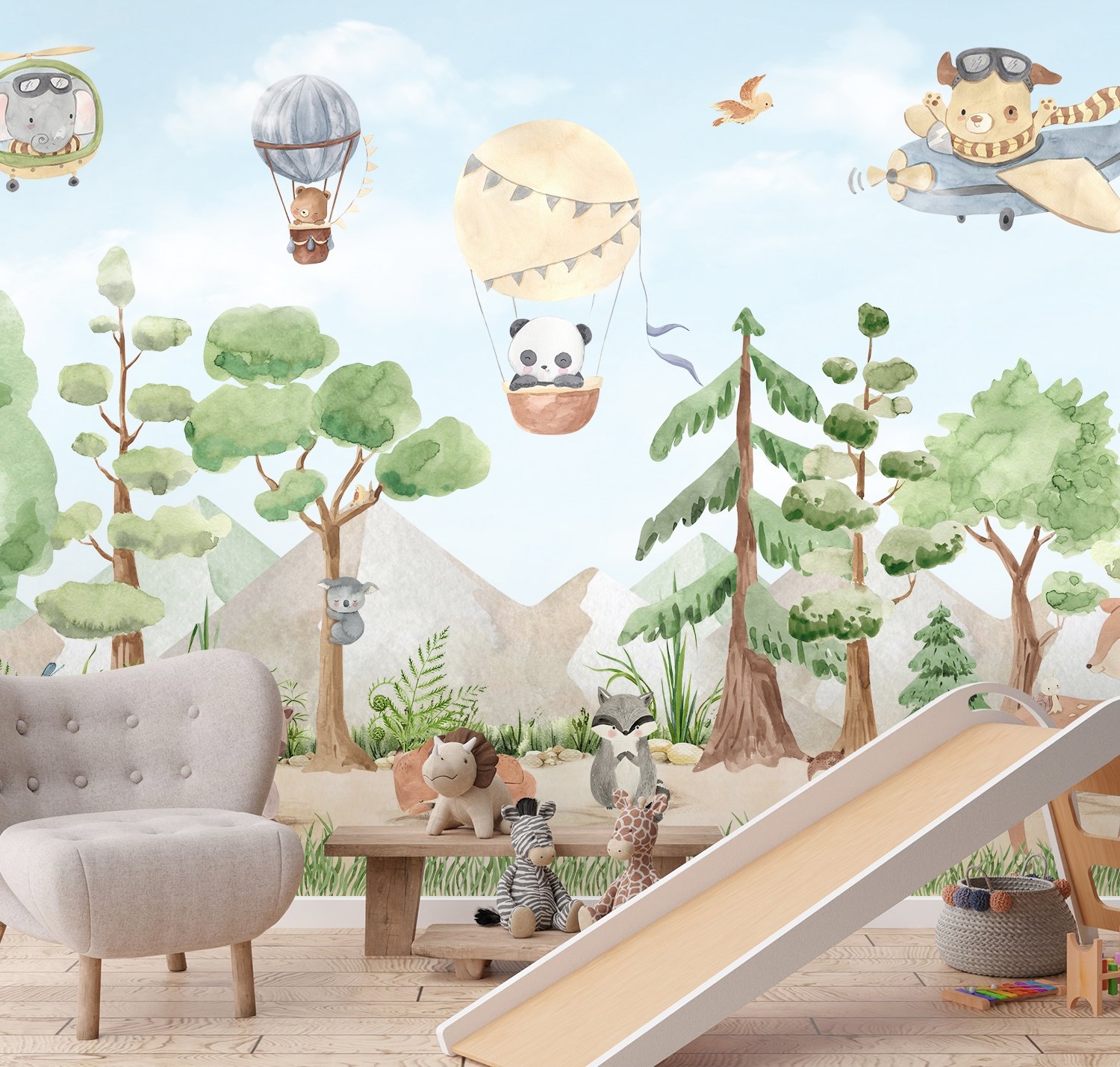 Kids Forest Animals with Flying Animals Wallpaper Mural - Peel and Stick