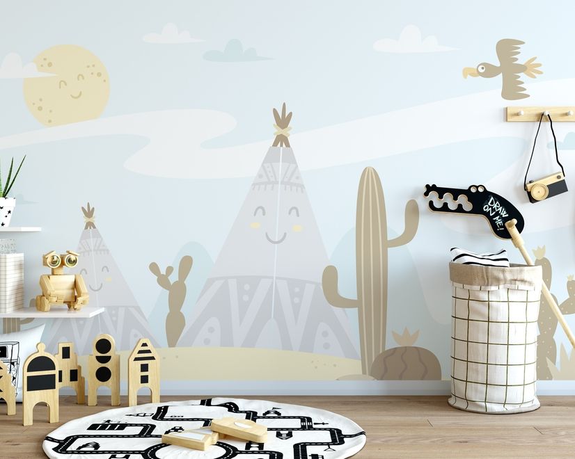 Cartoon Landscape with Happy Sun Wallpaper Mural
