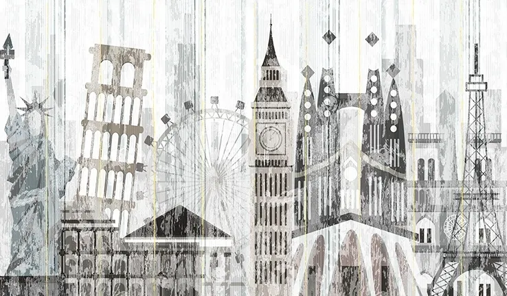 Papier peint panoramique de l'aquarelle de la ville et des lieux célèbres
