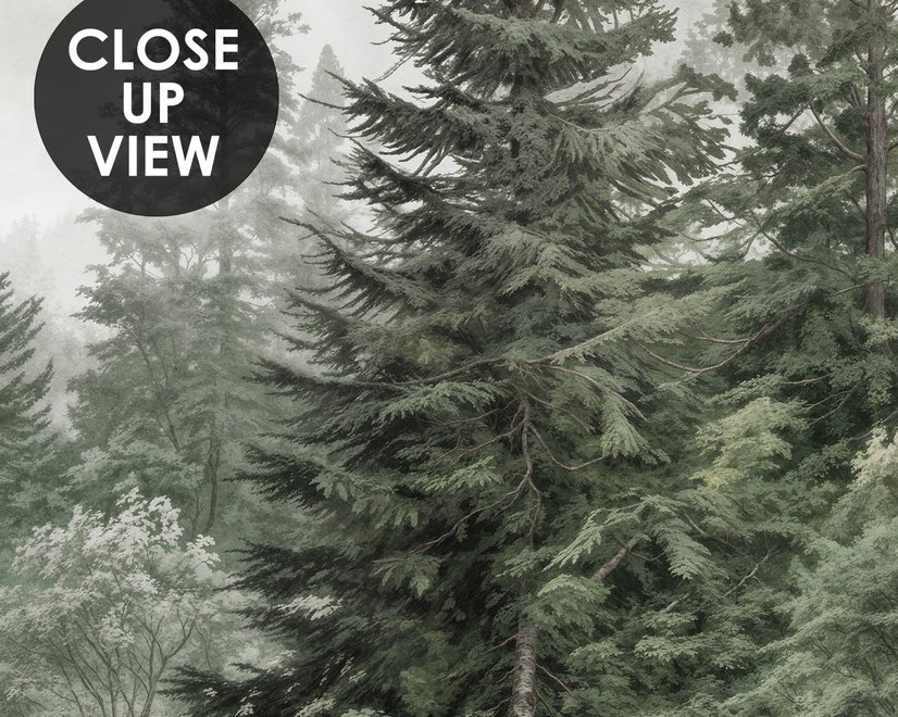 Misty mountain wallpaper mural with tall pine trees, layered green forest and pale foggy ridges