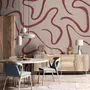 Burgundy-red looping contour lines on blush cream pink wallpaper mural