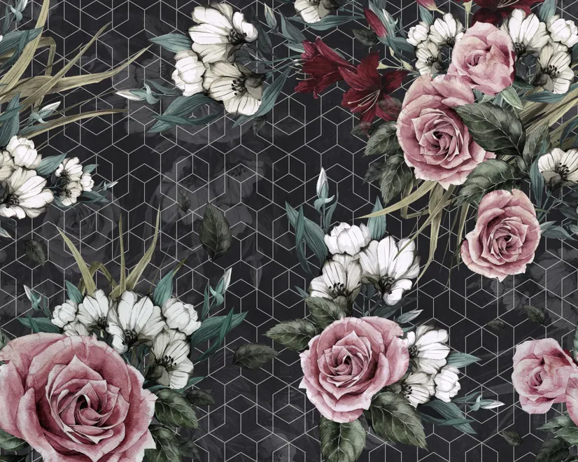Colorful Floral with Dark Geometric Pattern Wallpaper Mural