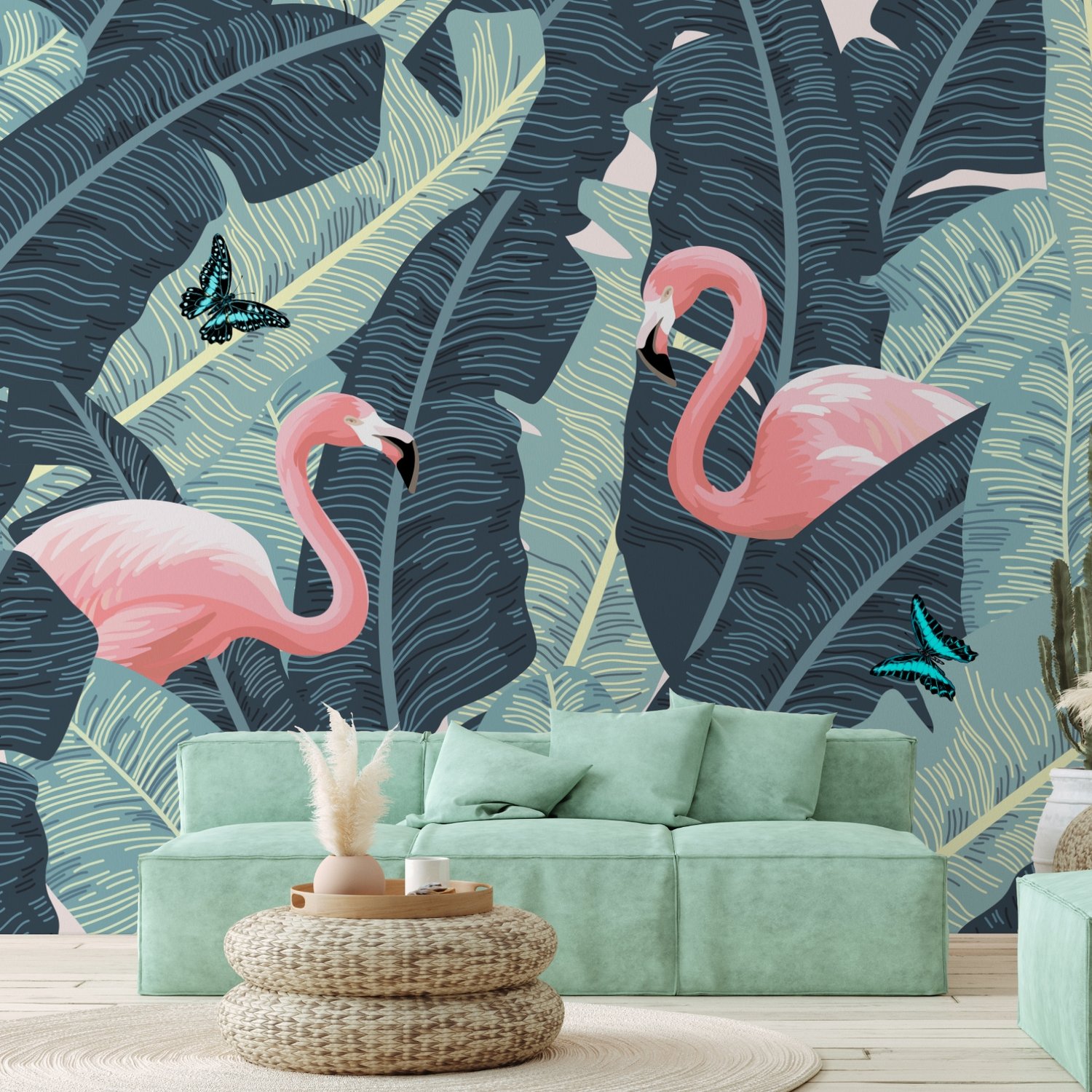 Tropical Banana Leaf with Pink Flamingo Wallpaper Mural - Peel and Stick